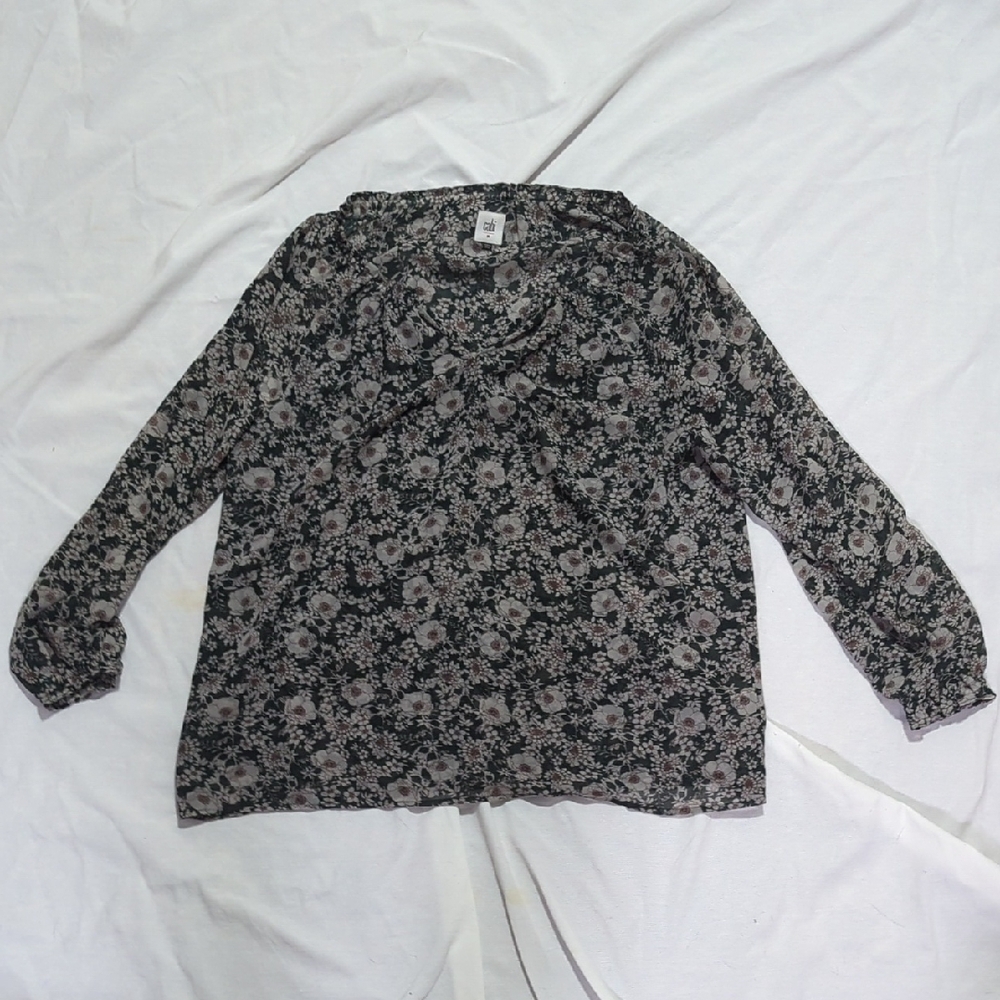 CAbi Black and Cream Floral Blouse